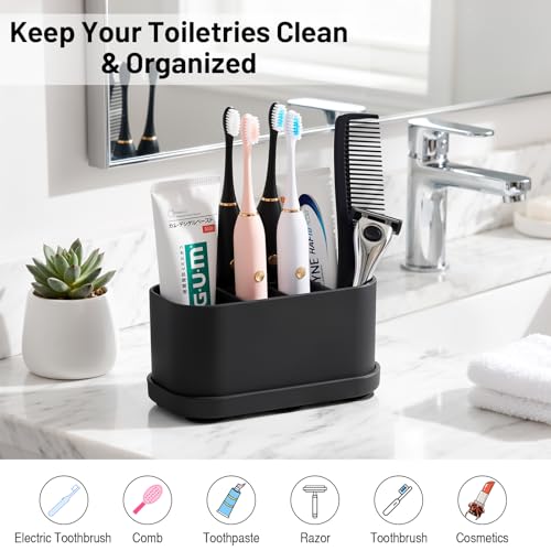 Luxspire Toothbrush Holders for Bathrooms, Silicone, 5 Slots, Black | Toothbrush Organizer with Suction Cup Tray, Toothbrush Holder with Drainage for Bathroom Countertop - color: Black