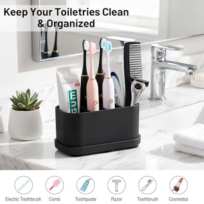 Luxspire Toothbrush Holders for Bathrooms, Silicone, 5 Slots, Black | Toothbrush Organizer with Suction Cup Tray, Toothbrush Holder with Drainage for Bathroom Countertop - color: Black