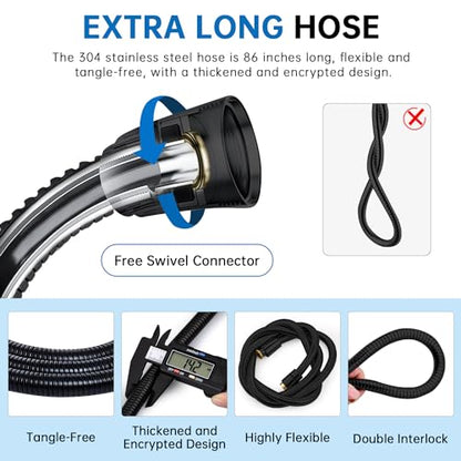 G-Promise Solid Metal Shower Arm Diverter with Handshower Mount,86 Inch Stainless Steel Long Shower Hose,Flexible and Tangle-Free, for Shower and Pet Shower, Clean Bathroom Corners(Matte Black)