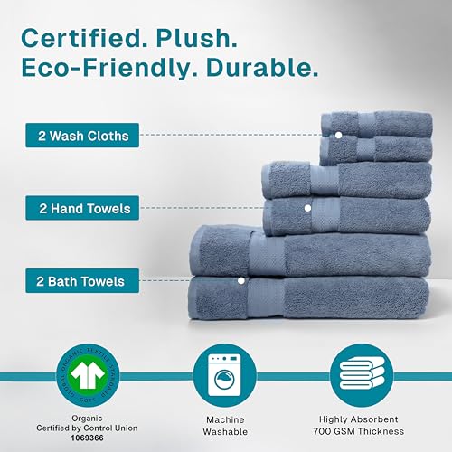 100% Organic Cotton Bath Towel Set | Bathroom Luxury Towel Set of 6 | GOTS Certified | Hotel Premium Towels | 700 GSM | 2 Bath Towel 30 x 56 | 2 Hand Towel 16 x 30 | 2 Wash Cloth 13 x 13 | Dark Blue - color: Dark Blue, size: 6-Piece Towel Set