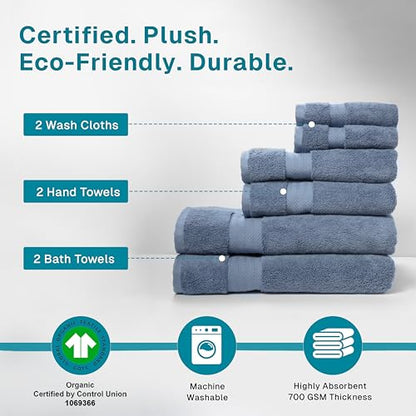 100% Organic Cotton Bath Towel Set | Bathroom Luxury Towel Set of 6 | GOTS Certified | Hotel Premium Towels | 700 GSM | 2 Bath Towel 30 x 56 | 2 Hand Towel 16 x 30 | 2 Wash Cloth 13 x 13 | Dark Blue - color: Dark Blue, size: 6-Piece Towel Set