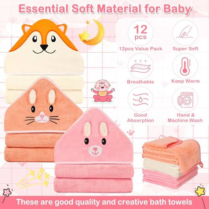 Sublaga 31x31 Inch Baby Hooded Towels, 12Pcs Baby Towels and Washcloths Set, Soft and Absorbent Baby Bath Towels, 3 PCS Cute 32x32 in Baby Towel with Hood and 9 Pcs Baby Washcloths for Boys and Girls - color: Pink Bunny, Orange Kitten, White Fox
