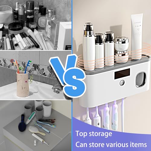 Toothbrush Holders for Bathrooms,Toothpaste Dispenser Wall Mounted,Electric Toothbrush Holders with Solar Charging, Smart Drying Toothbrush Cleaner,Toothbrush Organizer with 5 Brush Slots