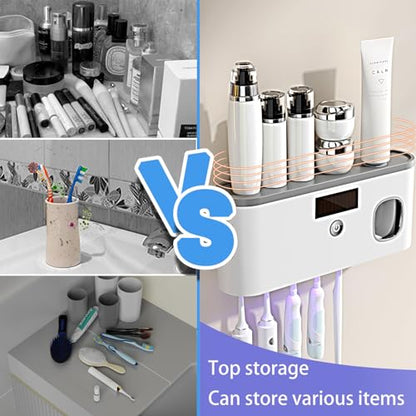 Toothbrush Holders for Bathrooms,Toothpaste Dispenser Wall Mounted,Electric Toothbrush Holders with Solar Charging, Smart Drying Toothbrush Cleaner,Toothbrush Organizer with 5 Brush Slots