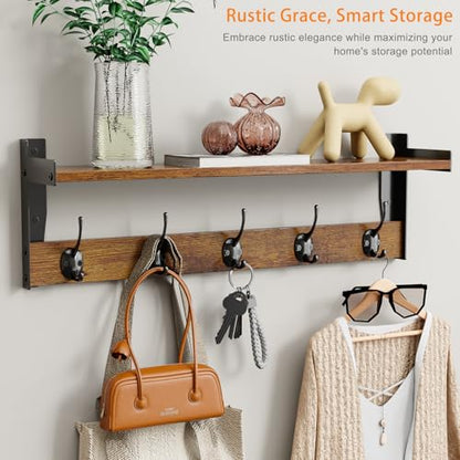 Coat Rack with Wall Mount, 23 Inch Long Entryway Wall Shelf with Hooks, Wood Hanger with Storage Shelf for Bathroom, Hallway, Rustic Brown - size: 23 inch Long