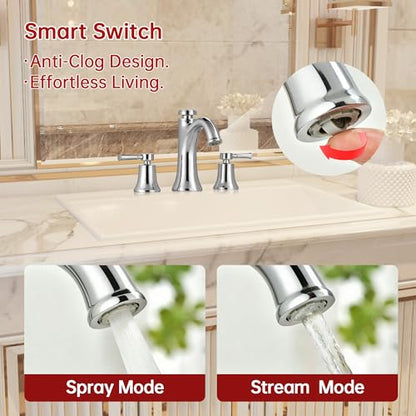 SUMERAIN 8" Widespread Bathroom Sink Faucet Chrome Finish | 3 Hole, Transitional Style, Dual Spray Modes, Temperature Memory, Solid Brass - color: Chrome