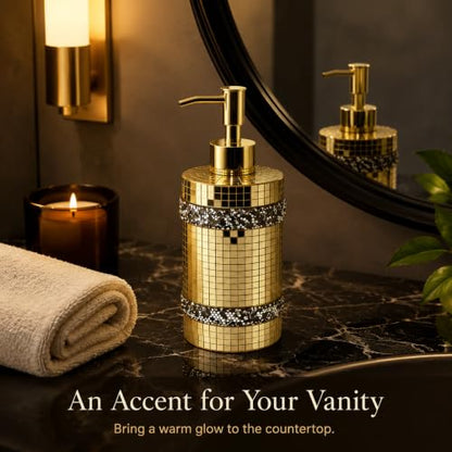 Gold Mosaic soap Dispenser, Shining Glass，Bathroom Reusable 12oz | Gold soap dispenser mosaic decorative , sparkling glass, kitchen and bathroom, artistic home decoration, countertop use - size: Soap Dispenser