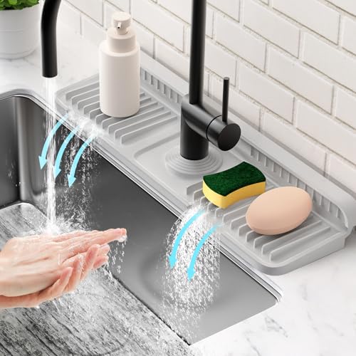 17.7'' Folding Faucet Mat for Kitchen Sink Splash Guard[7° Slope Fast Self-draining][Snap Lock Fit] Kitchen Sink Faucet Mat Splash Guard Kitchen Sink Area Water Splash Guard Behind Faucet Draining Mat - color: Light Gray, size: 17.7" x 5.5"