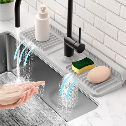 17.7'' Folding Faucet Mat for Kitchen Sink Splash Guard[7° Slope Fast Self-draining][Snap Lock Fit] Kitchen Sink Faucet Mat Splash Guard Kitchen Sink Area Water Splash Guard Behind Faucet Draining Mat - color: Light Gray, size: 17.7" x 5.5"