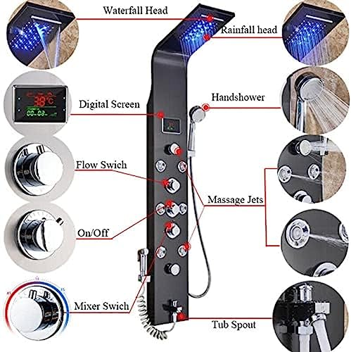 Stainless Steel Shower Panel Tower Suit,LED Rainfall Waterfall Shower Head 6-Function Faucet Rain Massage Suit with Body Jets