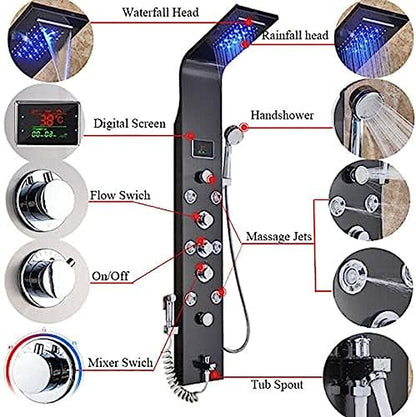 Stainless Steel Shower Panel Tower Suit,LED Rainfall Waterfall Shower Head 6-Function Faucet Rain Massage Suit with Body Jets