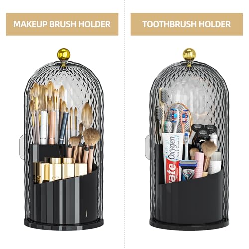 Dustproof Toothbrush Holder with Lid, 360 Rotating Countertop Electric Toothbrush Toothpaste Holders with Cover for Bathroom, 3 Slots Makeup Brush Holder with Lid for Vanity, Black - color: Dia Black
