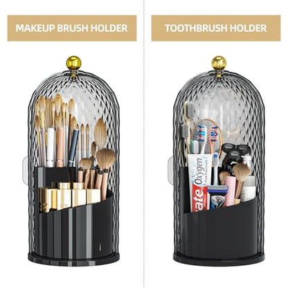 Dustproof Toothbrush Holder with Lid, 360 Rotating Countertop Electric Toothbrush Toothpaste Holders with Cover for Bathroom, 3 Slots Makeup Brush Holder with Lid for Vanity, Black - color: Dia Black