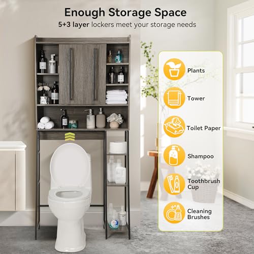 Decofy Over The Toilet Storage Cabinet, Over Toilet Bathroom Organizer with Sliding Door & Adjustable Shelf, Space-Saving Storage Cabinet for Bathroom, Laundry, Grey
