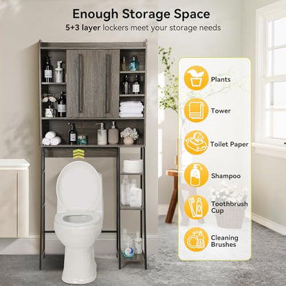 Decofy Over The Toilet Storage Cabinet, Over Toilet Bathroom Organizer with Sliding Door & Adjustable Shelf, Space-Saving Storage Cabinet for Bathroom, Laundry, Grey
