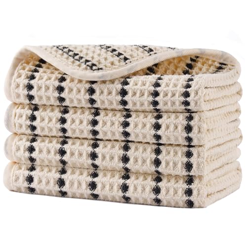 POLYTE 430 GSM Microfiber Lint Free Washcloth Face Towel, 13 x 13 in, 4 Pack (Waffle Weave) - color: Light Beige/Black