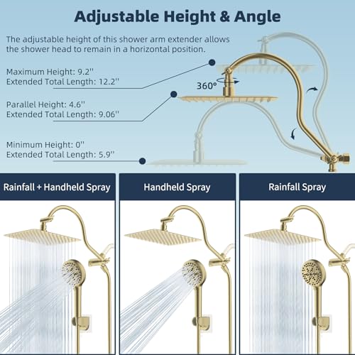 Hibbent All Metal CUPC Certified Shower Head, 10'' High Pressure Rainfall Shower Head, Handheld Showerhead Combo, 12'' Adjustable Extension Arm, 10 Sprays, 71'' Hose, Shower Holder, Brushed Gold - color: Brushed Gold, style: Square 10''