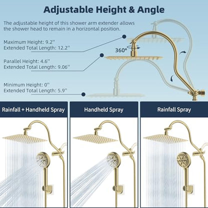 Hibbent All Metal CUPC Certified Shower Head, 10'' High Pressure Rainfall Shower Head, Handheld Showerhead Combo, 12'' Adjustable Extension Arm, 10 Sprays, 71'' Hose, Shower Holder, Brushed Gold - color: Brushed Gold, style: Square 10''