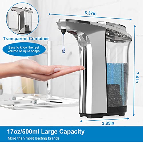 PZOTRUF Automatic Soap Dispenser, Touchless Dish Soap Dispenser 17oz/500ml with Infrared Sensor, 5 Adjustable Soap Dispensing Levels, Liquid Hand Dispenser for Bathroom Kitchen Sink (Silver) - color: Silver