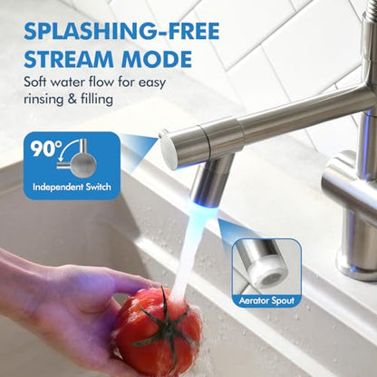 VFAUOSIT Kitchen Faucet with Pull Down Sprayer, Brushed Nickel LED Light | Dual Outlets, Hands-Free Spray Lock, 360° Swivel, cUPC/CEC Certified, 10-Minute Tool-Free Setup, Ceramic Disc Valve - color: Brushed Nickel-04