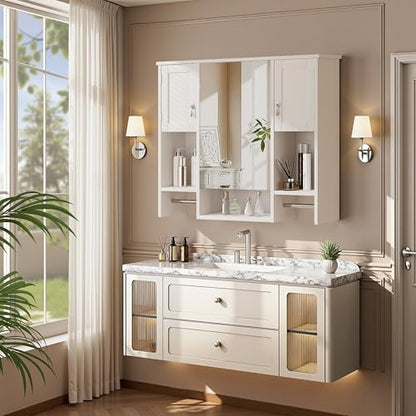 VECELO Large Bathroom Wall Cabinet with Mirror, Wall Mounted Medicine Cabinet with Open Shelves, 2 Towel Bars for Bathroom Laundry Room Kitchen, 35.04" L x 7.09" W x 28.94" H