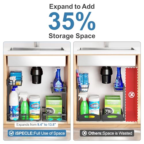 Under Kitchen Sink Organizer - L-Shaped Pull Out Shelf, 2 Pack | L-Shaped Fit Around Garbage Disposal, Adjustable Shelves, Pull Out Access, For 30-36 Inch Sink Cabinet, 2 Pack Black