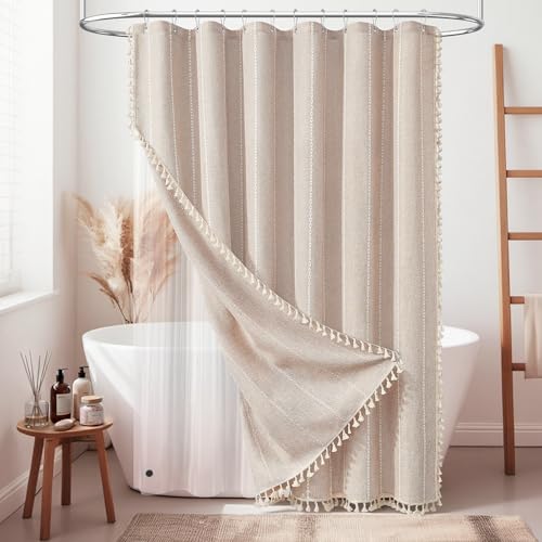 BTTN 3 in 1 Shower Curtain with Liner, 78 Inch Long Boho Linen Striped Cloth Shower Curtain Set with Hook, Farmhouse Bohemian Country Waterproof Fabric Shower Curtain for Bathroom, Tan/Taupe, 72x78 - color: Taupe With Liner, size: 72"W x 78"L (Pack of 1)
