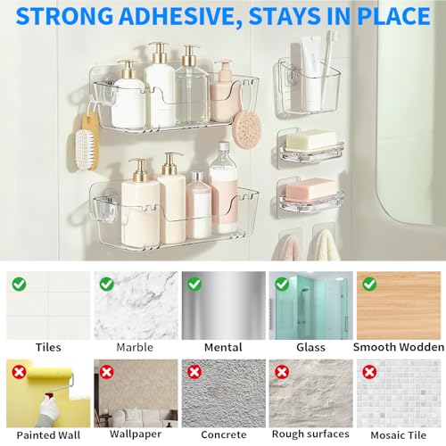 CGBE 5-Pack Adhesive Shower Caddy Set, No-Drill Bathroom Shelves | Rustproof Clear PET Wall Shelf with Open-Bottom Drainage, Hooks & Extra Adhesive Pads for Tile, Glass and Metal Surfaces
