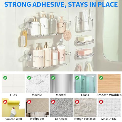 CGBE 5-Pack Adhesive Shower Caddy Set, No-Drill Bathroom Shelves | Rustproof Clear PET Wall Shelf with Open-Bottom Drainage, Hooks & Extra Adhesive Pads for Tile, Glass and Metal Surfaces