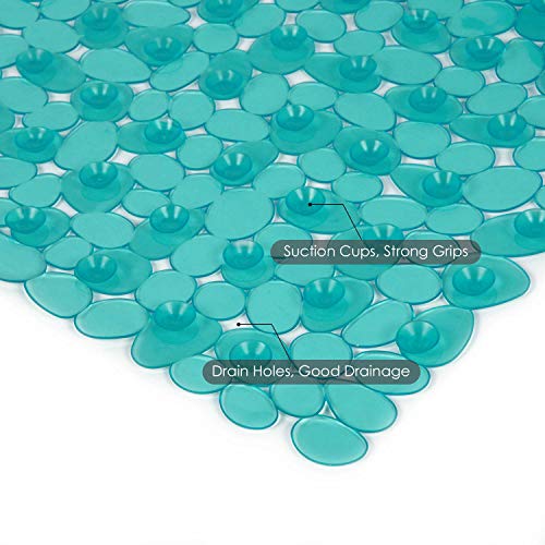 WELTRXE Non Slip Bath Mat Pebbles Bathtub Mat with Suction Cups, Drain Holes for Bathroom Showers, Tub, 35 x 16 Inches Machine Washable Bathroom Mats BPA, Latex Free Safe Shower Mats - Teal - color: Pebbles-clear Teal, size: 35" x 16" (Rectangular)