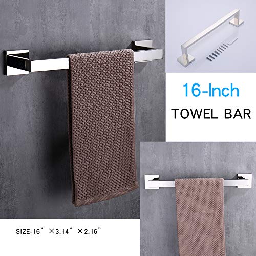 TASTOS 3-Piece Chrome Bathroom Hardware Accessory Set, Premium Stainless Steel Robe Hook Toilet Paper Holder 16-Inch Towel Bar Set Wall Mounted Square Style, Polished Finish (Silver) - color: Polished