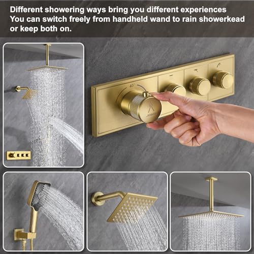 Shower System Modern Rain Brass Faucet Set With Valve and Diverter Shower Mixer With Handheld High Pressure Square Rainfall Shower Valve (12+6'' Wall Mount Thermostatic Valve, Brushed Gold) - color: Brushed Gold, style: 12+6'' Wall Mount Thermostatic Valv