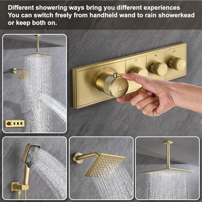 Shower System Modern Rain Brass Faucet Set With Valve and Diverter Shower Mixer With Handheld High Pressure Square Rainfall Shower Valve (12+6'' Wall Mount Thermostatic Valve, Brushed Gold) - color: Brushed Gold, style: 12+6'' Wall Mount Thermostatic Valv