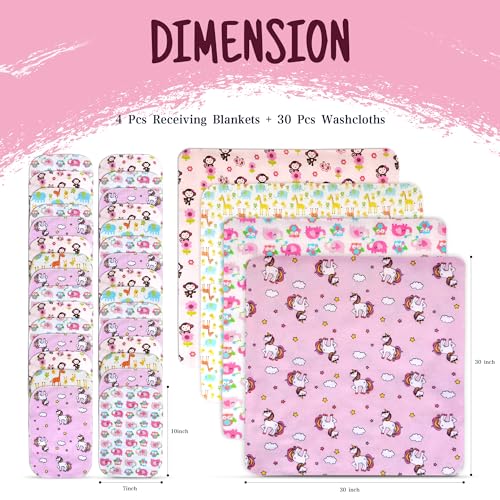 34 Pack Baby Receiving Blanket Set: 4 Flannel Cotton Blankets (30" x 30") & 30 Infant Washcloths - Mixed Patterns - color: Pink Mixed Pattern
