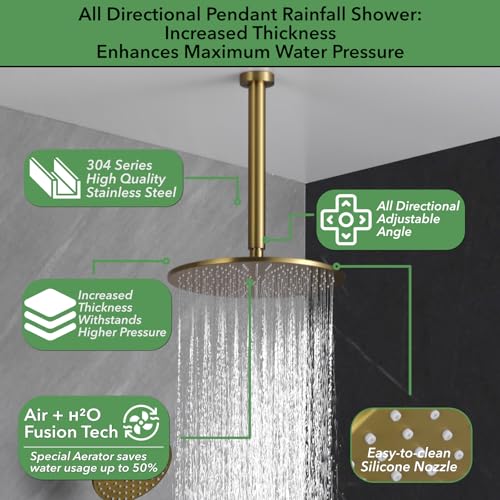 VANFOXLE Thermostatic Shower Faucet Set Brushed Gold Shower System | Push Button Diverter, 12 Inch Ceiling Mount Rain Head Increased Thick, 6 Inch Side Head, 2-in-1 Handheld Sprayer, Modern - color: Brushed Gold, style: 12 Inch