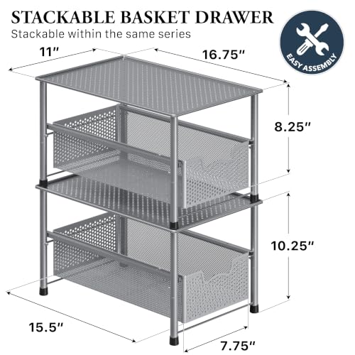 Simple Houseware Stackable Under Sink Sliding Basket Drawer, Silver | Perforated Free Standing Organizer, Kitchen/Pantry/Cabinet/Counter - color: Silver