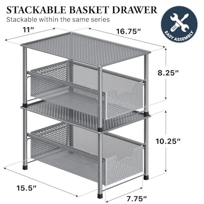 Simple Houseware Stackable Under Sink Sliding Basket Drawer, Silver | Perforated Free Standing Organizer, Kitchen/Pantry/Cabinet/Counter - color: Silver