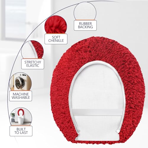 Soft Microfiber Toilet Lid Cover 17.5" x 15" Machine Washable | Solid Toilet Seat Cover Adjustable Rubber Backing Fits Most 16 -17.5" L x 14-16" W Round Oblong and Elongated Toilet Seat - color: Red