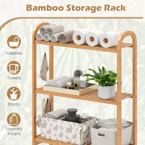 Tangkula 3-Tier Over the Toilet Storage Rack, Bamboo Bathroom Stand Organizer with 5-Position Shelves, 3 Hooks, Adjustable Bottom Bar, Freestanding Space Saver Toilet Shelf for Laundry Room (Natural)