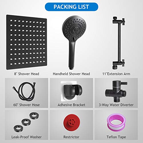 Shower Head Combo, 8 Inch High Pressure Rain with 11 Inch Adjustable Extension Arm and 5 Settings Handheld, Powerful Spray Against Low Water Pressure- Matte Black - color: Matte Black, size: 8" Showerhead Set