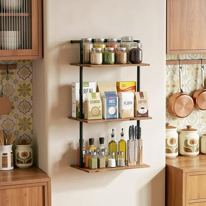 3-Tier Over the Toilet Storage Shelf, Bathroom Wall Shelf | Metal Frame with Rustic Brown MDF Boards, Floating Mounted Rack and Holder, for Living Room, Office, Holds Decor, Essentials