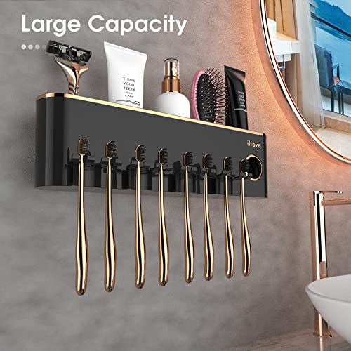 iHave Toothbrush Holders for Bathrooms Wall Mounted with Dispenser & 4 Cups | 12 Slots Wall Mount Toothbrush Holders for Bathrooms with Squeeze Toothpaste Dispenser, 4 Cups & 4 Compartments Organizer - color: Black 4 Cups