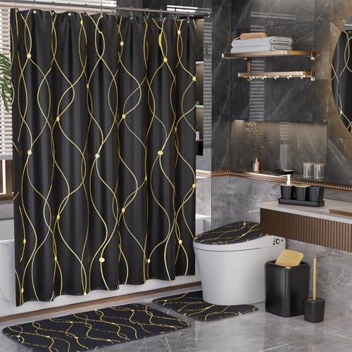 XLHOMO Black and Gold Bathroom Accessories Set - 24PCS with Shower Curtain, Rugs, and Waterproof Curtain Set - size: Bath Set+Shower Curtain+Bath Rugs, style: Black5