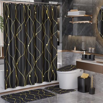 XLHOMO Black and Gold Bathroom Accessories Set - 24PCS with Shower Curtain, Rugs, and Waterproof Curtain Set - size: Bath Set+Shower Curtain+Bath Rugs, style: Black5
