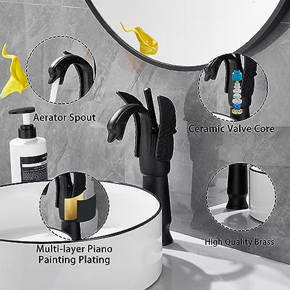 Matte Black Swan Shape Single Handle 1Hole Bathroom Vessel Sink Faucet Deck Mount Lavatory Sink Faucet - color: Matte Black, size: Tall