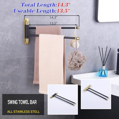 GERZWY Bathroom Swing Arm Towel Bars 2-Arm Wall Mount Stainless Steel Bath Towel Rack Hanger Towel Holder Organizer (Black & Gold) HYG02-BD - color: Black & Gold