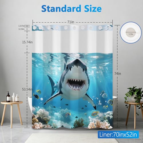 Ocean No Hook Shower Curtain with Snap in Liner Set, Shark Shower Curtain with Mesh Top Window and Weighted Hem, 71x74in Hotel Style Summer Double-layer Waterproof Fabric Shower Curtain for Bathroom - color: Shark