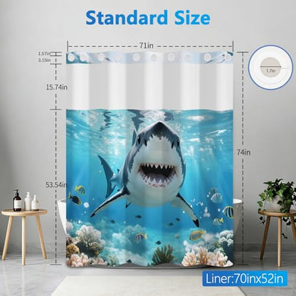 Ocean No Hook Shower Curtain with Snap in Liner Set, Shark Shower Curtain with Mesh Top Window and Weighted Hem, 71x74in Hotel Style Summer Double-layer Waterproof Fabric Shower Curtain for Bathroom - color: Shark