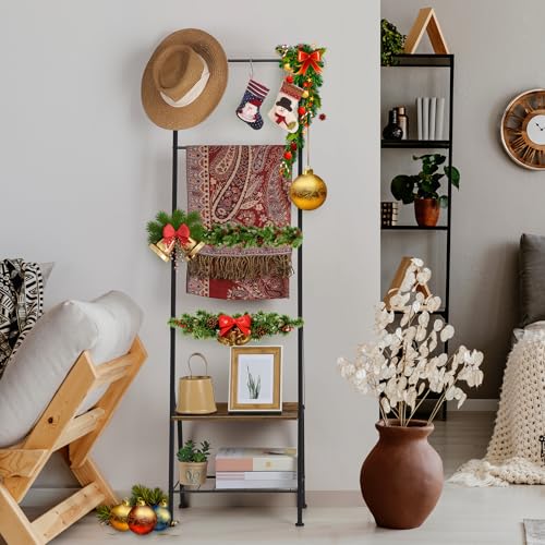 BTY Blanket Ladder Black Towel Ladder with Shelf Metal Blanket Ladder Holder for Bathroom Standing Ladder Towel Rack with Hooks Stocking Holders for Living Room Bedroom Laundry Room