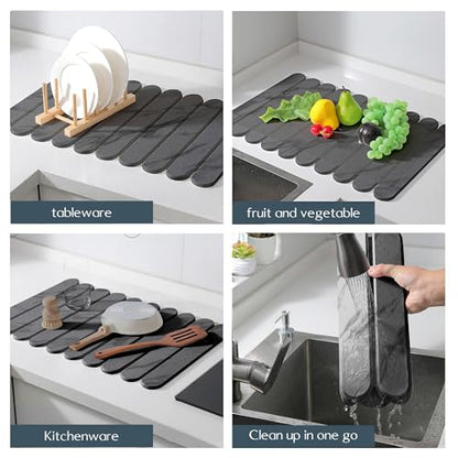 24"×16" Grey Stone Dish Drying Mats for Kitchen Counter, Large Quick Dry Collapsible Eco-Friendly Super Absorbent Diatomaceous Earth Heat-resistant Mat for Dishes Bottles Cups, Match Any Countertop - color: Dark Grey-l07 Marble Pattern